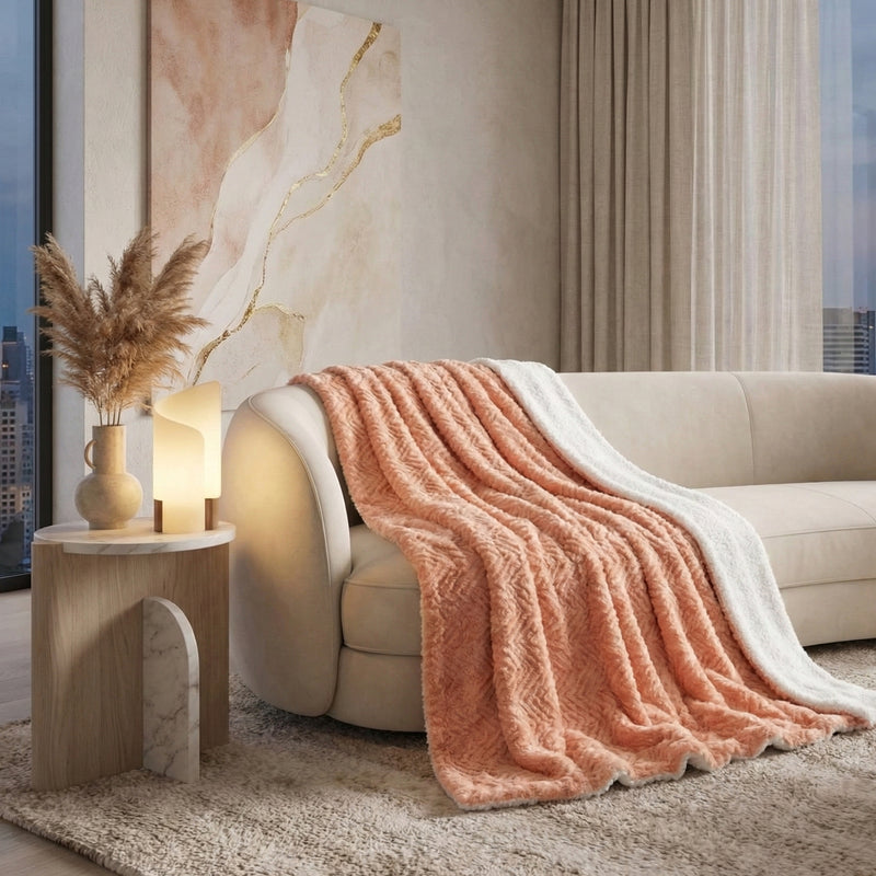 DaDa Bedding Coral Peach Rose Faux Fur Throw Blanket - Dreamy Geometric Embossed Sherpa Backside - Super Soft Warm Cozy Plush Fluffy