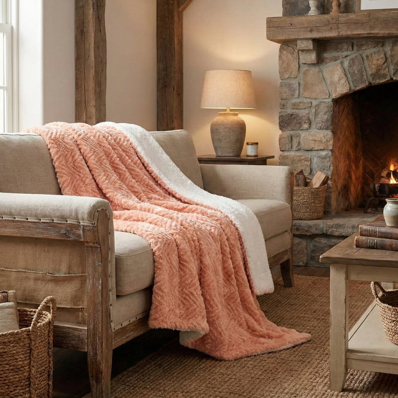 DaDa Bedding Coral Peach Rose Faux Fur Throw Blanket - Dreamy Geometric Embossed Sherpa Backside - Super Soft Warm Cozy Plush Fluffy