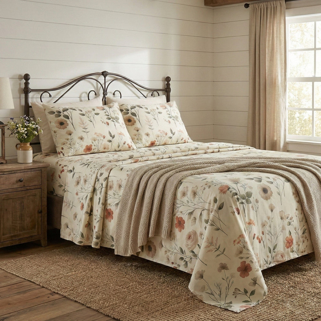 DaDalogy Enchanted Meadow Bed Sheet Set - Floral Harmony in Beige, Rose, and Soft Green, Premium Soft Microfiber, Machine Washable, Deep Pocket 14 - 15 Inches + Flat Sheet