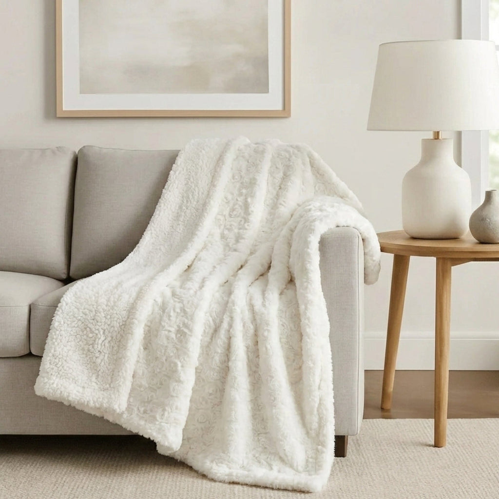 DaDa Bedding Luxury White Roses Fluffy Soft Sherpa Backside Faux Fur Throw Blanket (K11)