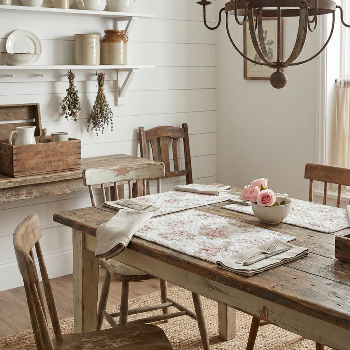 DaDa Bedding Set of 4-Pieces Dainty Cottage Floral Roses Quilted Cotton Dining Table Placemats 13” x 19” (3036)