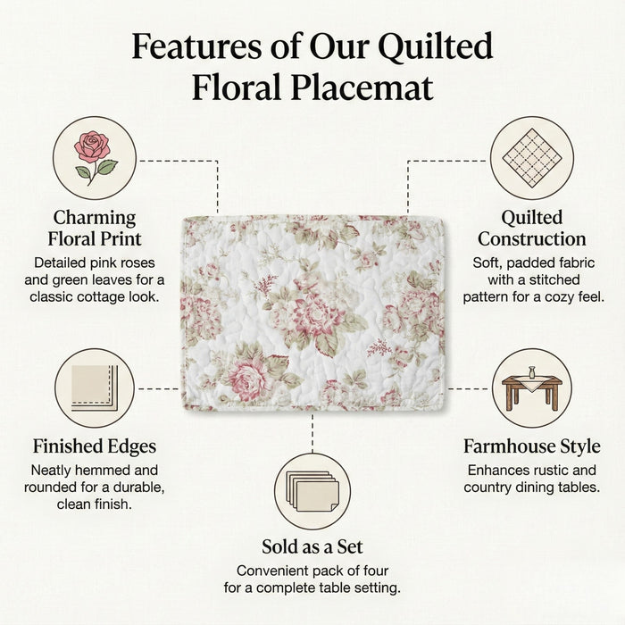DaDa Bedding Set of 4-Pieces Dainty Cottage Floral Roses Quilted Cotton Dining Table Placemats 13” x 19” (3036)