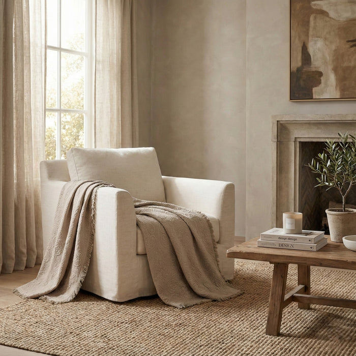 DaDa Bedding Elegant Fringed Cotton Quilted Throw Blanket - Luxurious Solid Soft Paisley Pattern, Cozy Lightweight Lap Throw, Perfect for Couch or Bed, Neutral Sandy Taupe Tan Beige, 50x60 Inches