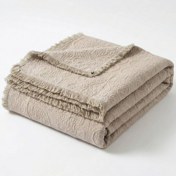 DaDa Bedding Elegant Fringed Cotton Quilted Throw Blanket - Luxurious Solid Soft Paisley Pattern, Cozy Lightweight Lap Throw, Perfect for Couch or Bed, Neutral Sandy Taupe Tan Beige, 50x60 Inches