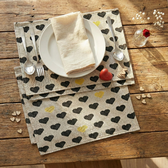 DaDa Bedding Set of 4-Pieces Valentine's day Yellow & Black Hearts Tapestry Dining Table Placemats 13” x 19” (18113)