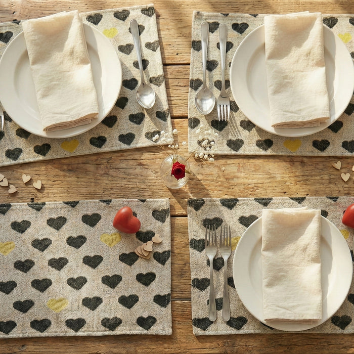 DaDa Bedding Set of 4-Pieces Valentine's day Yellow & Black Hearts Tapestry Dining Table Placemats 13” x 19” (18113)