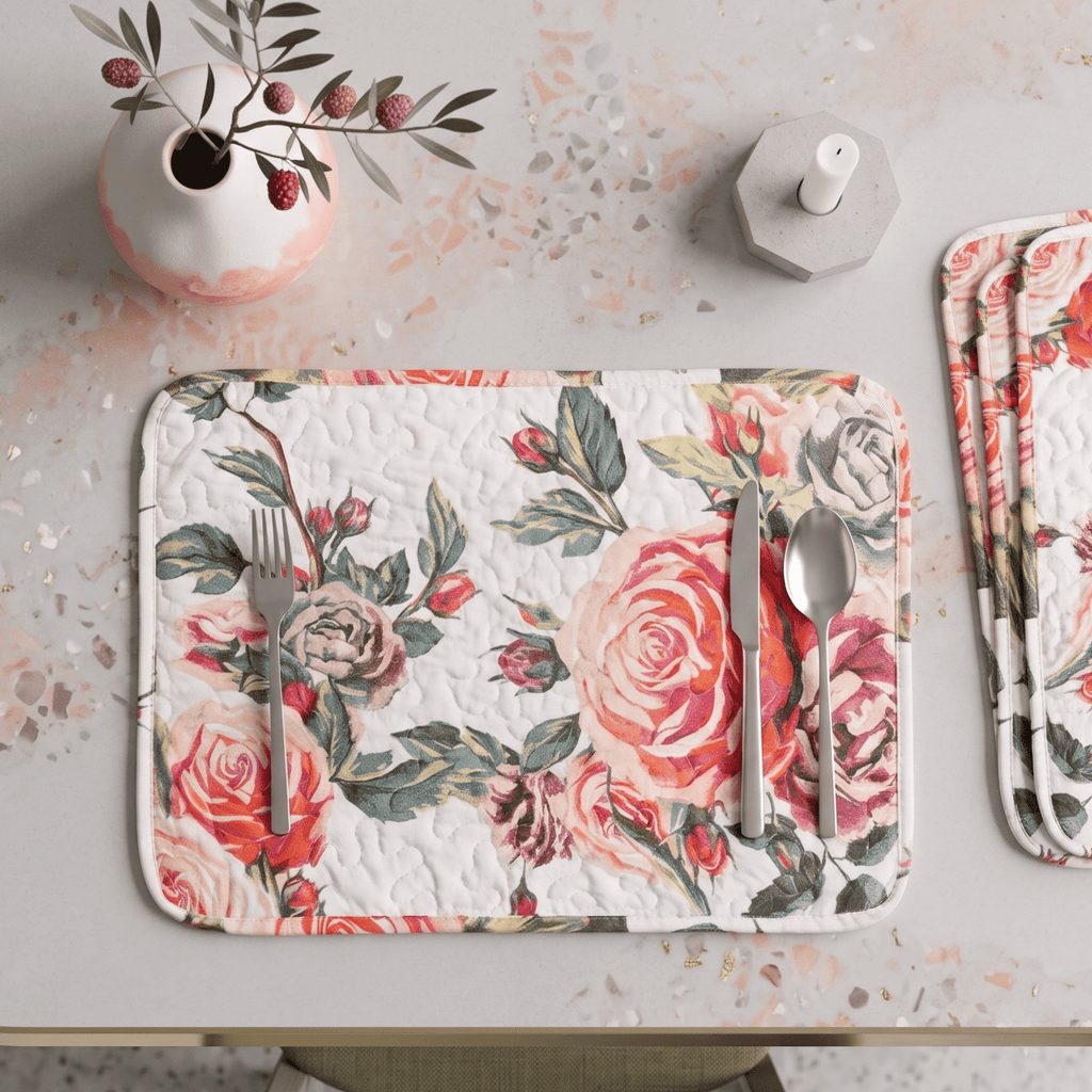 A floral quilted placemat with a pink and red rose pattern is styled on a light gray table with silver cutlery. A matching stack of placemats sits to the right, and a small vase with dried berries is in the upper left.
