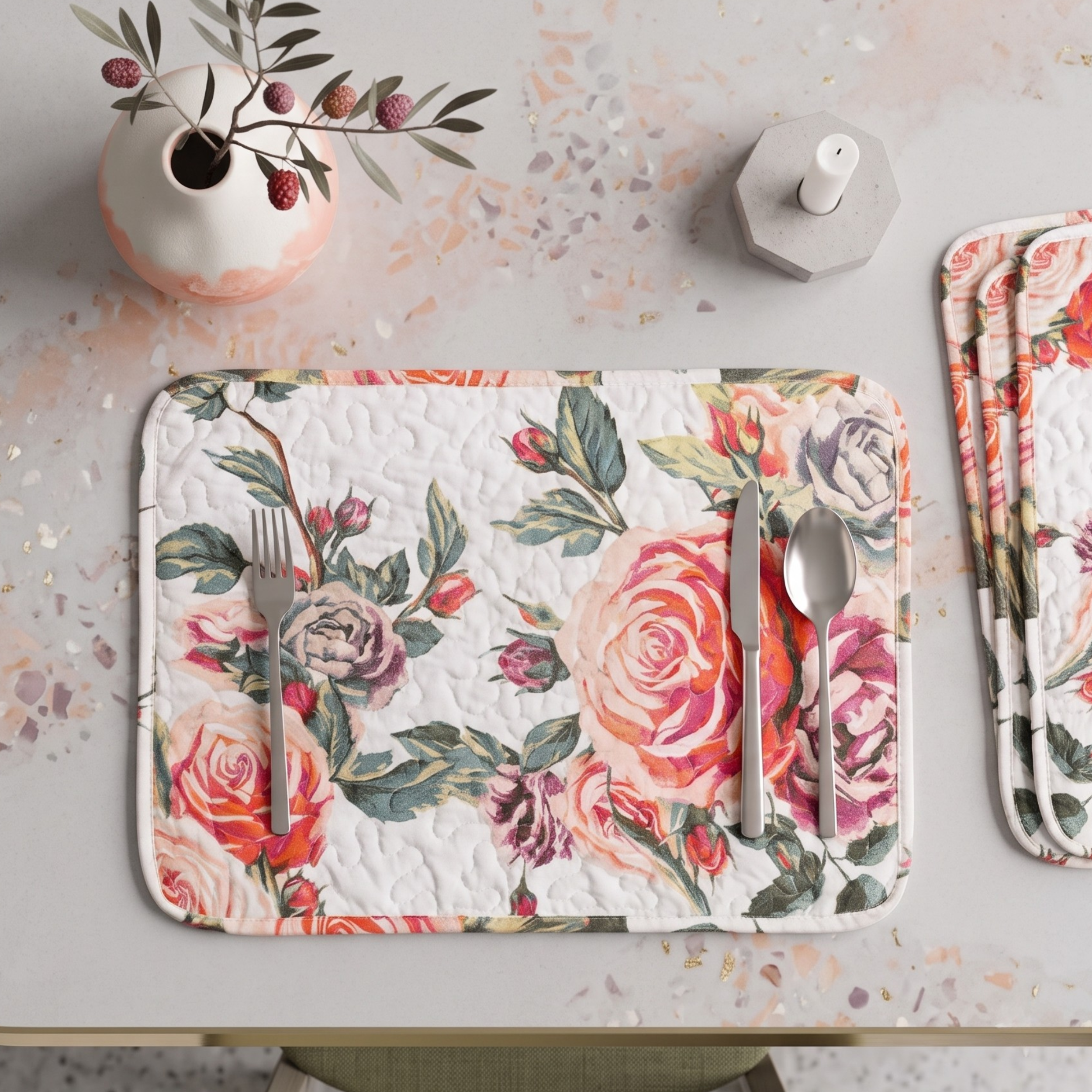 A floral quilted placemat with a pink and red rose pattern is styled on a light gray table with silver cutlery. A matching stack of placemats sits to the right, and a small vase with dried berries is in the upper left.