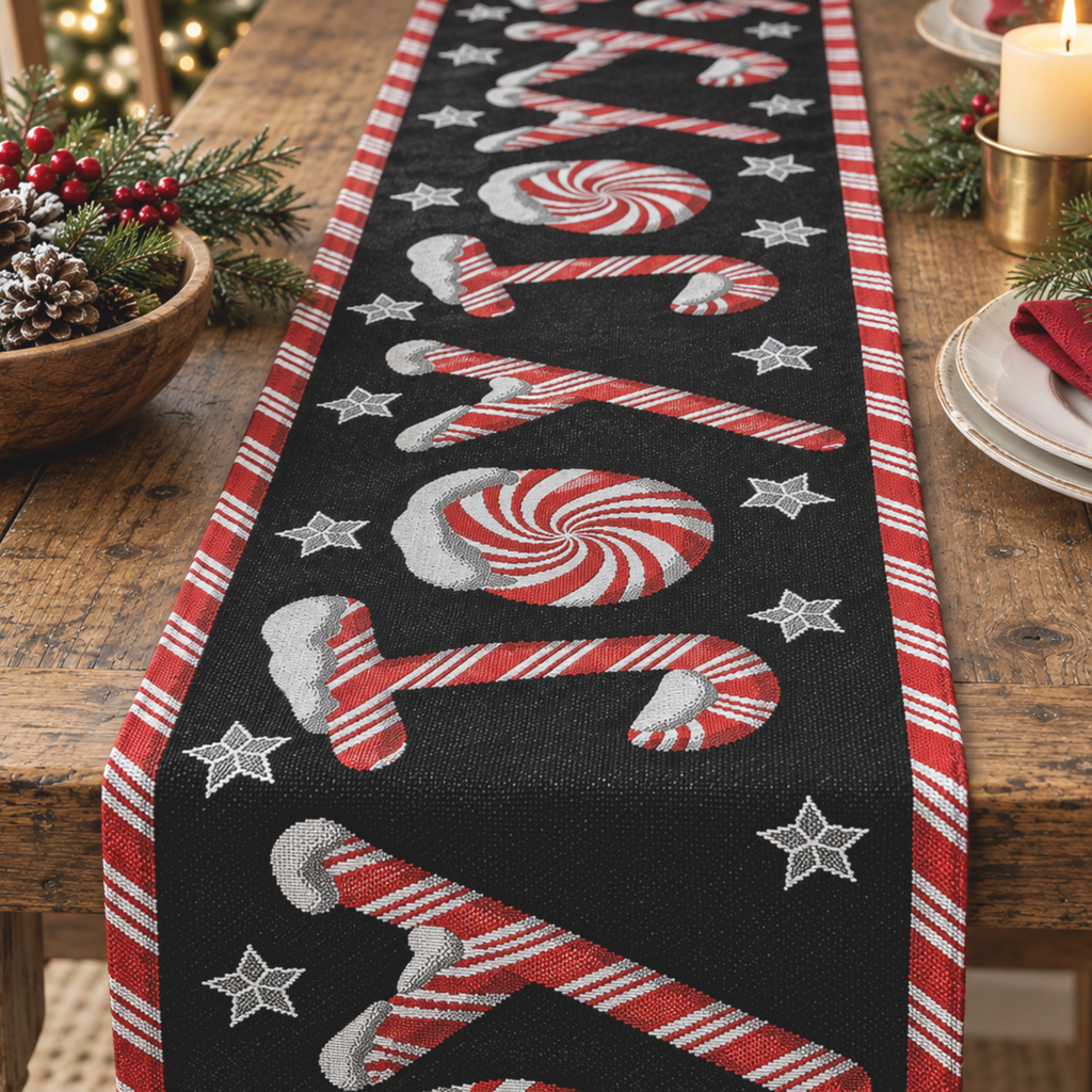 DaDa Bedding Peppermint Joy Red Black Holiday Tapestry Dining Table Runner (12904)