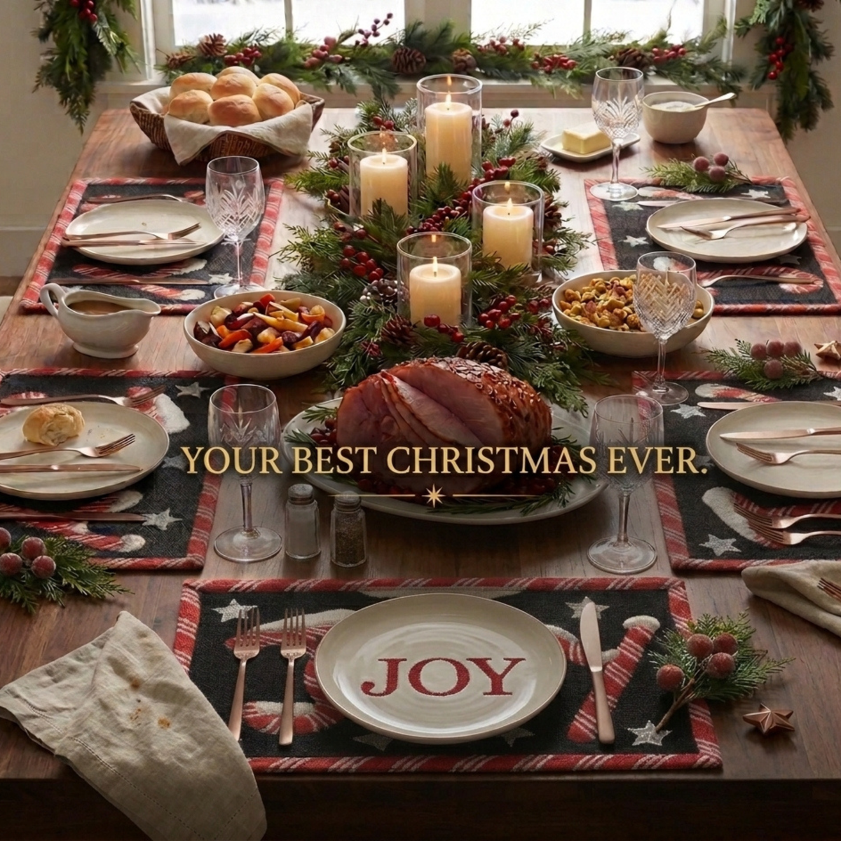 DaDa Bedding Set of 4-Pieces Peppermint Joy Holiday Tapestry Placemats 13” x 19” (12904)
