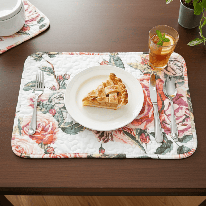 Floral placemat with a slice of pie, glass of tea, and cutlery on a wooden table.