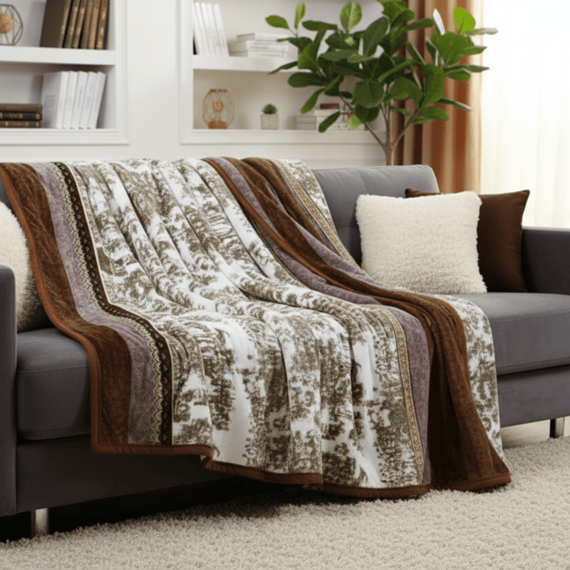 Patterned blanket draped over a gray sofa in a living room setting with books and plants.