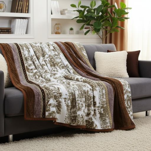 Patterned blanket draped over a gray sofa in a living room setting with books and plants.