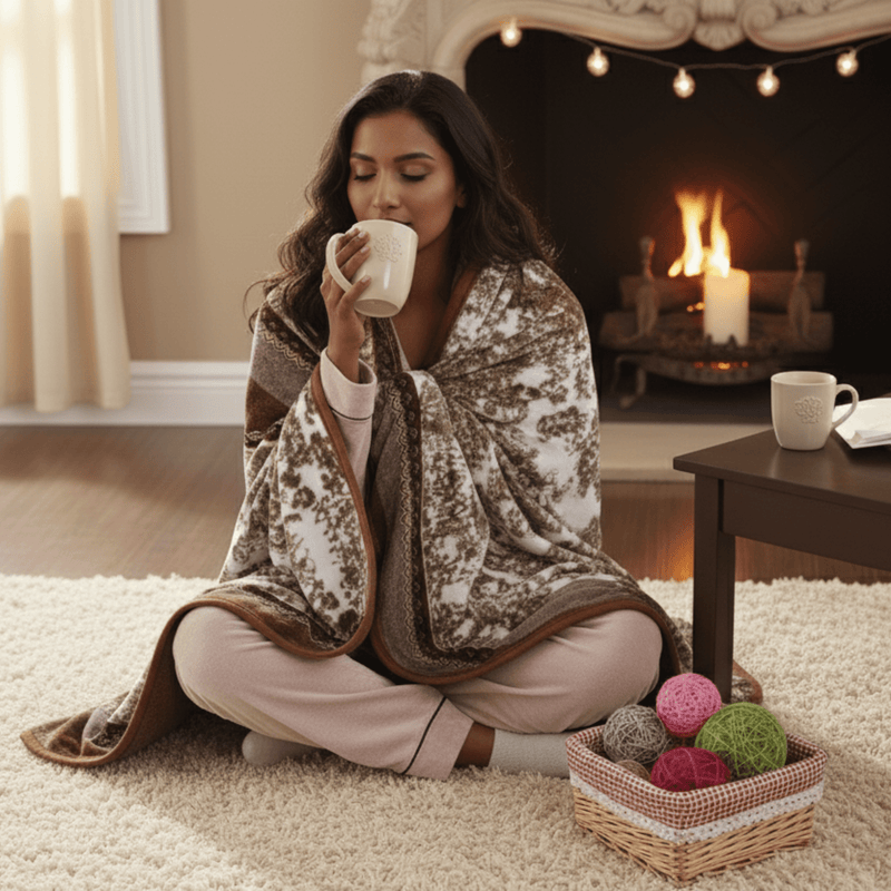 Woman sitting on the floor wrapped in a blanket, drinking from a mug in a cozy living room with a fireplace.