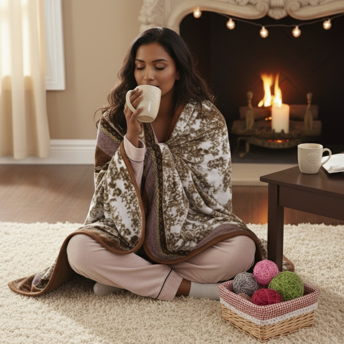 Woman sitting on the floor wrapped in a blanket, drinking from a mug in a cozy living room with a fireplace.