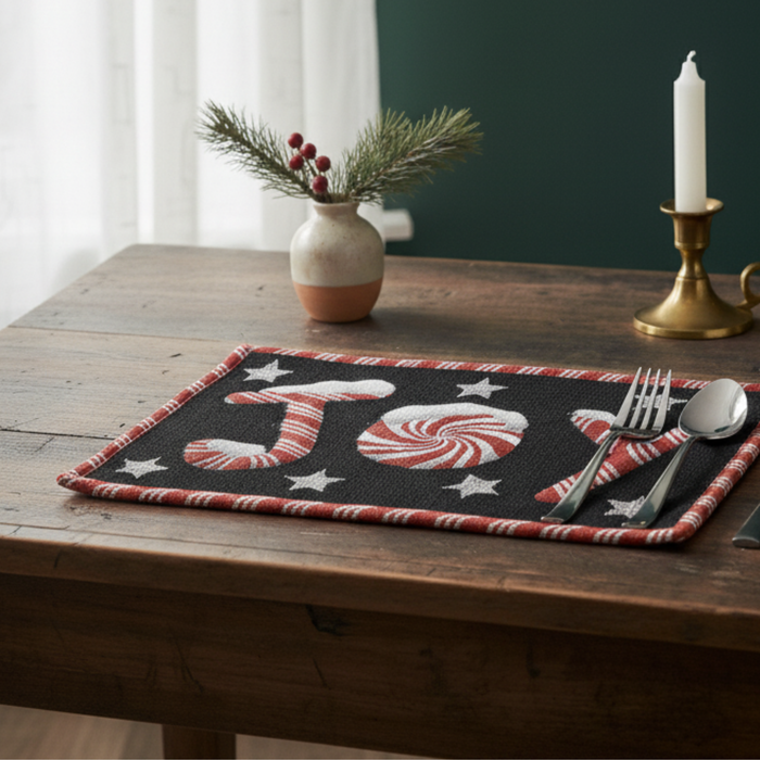 DaDa Bedding Set of 4-Pieces Peppermint Joy Holiday Tapestry Placemats 13” x 19” (12904)