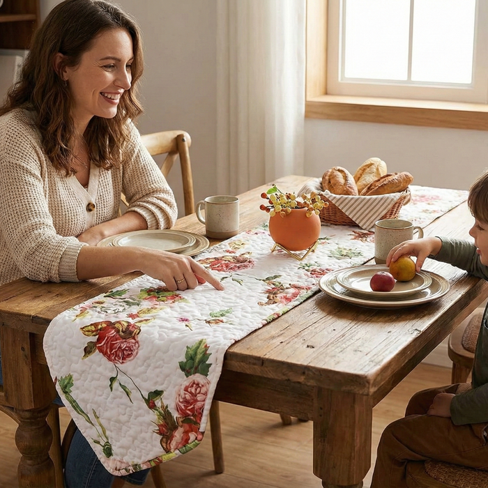 DaDa Bedding Romantic Roses Pink White Lovely Floral Quilted Dining Table Runner (879)