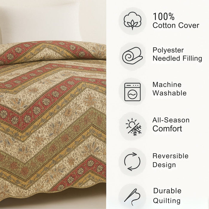 DaDa Bedding Rustic Bohemian Cranberry Sage Chevron Floral Bedspread Set (JHW-924)