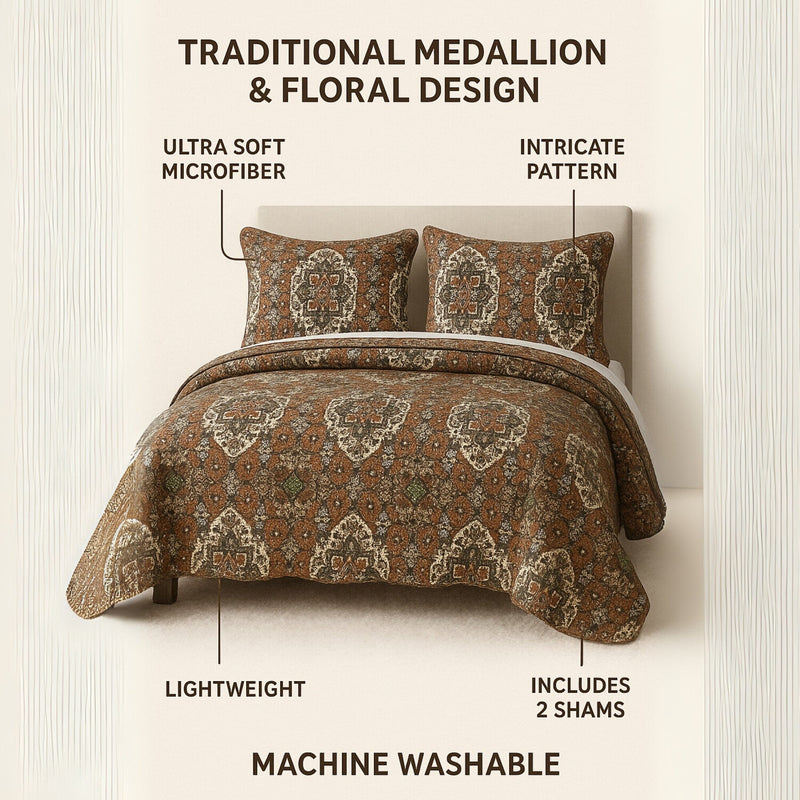 Bedding set with traditional medallion and floral design, featuring ultra-soft microfiber and intricate pattern.