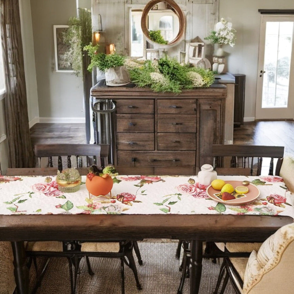 DaDa Bedding Romantic Roses Pink White Lovely Floral Quilted Dining Table Runner (879) - DaDa Bedding Collection