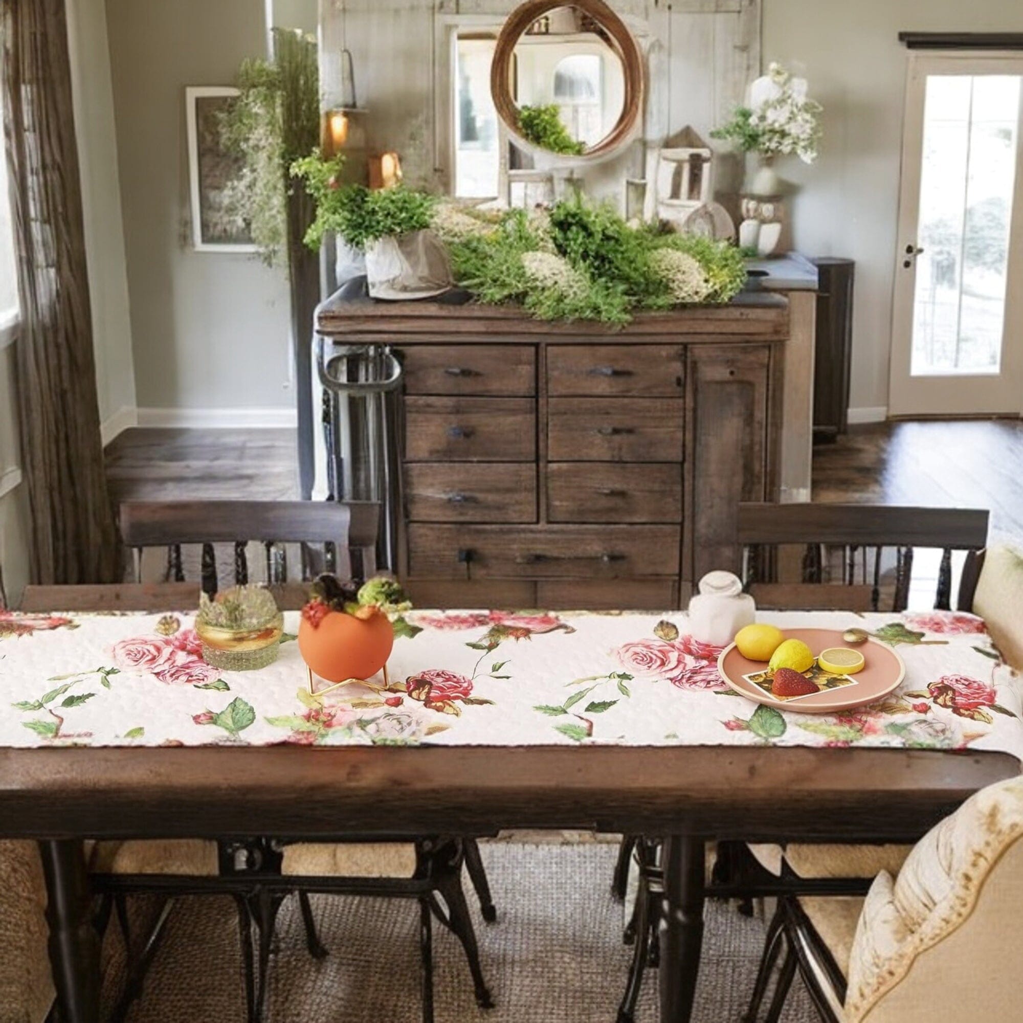 DaDa Bedding Romantic Roses Pink White Lovely Floral Quilted Dining Table Runner (879) - DaDa Bedding Collection