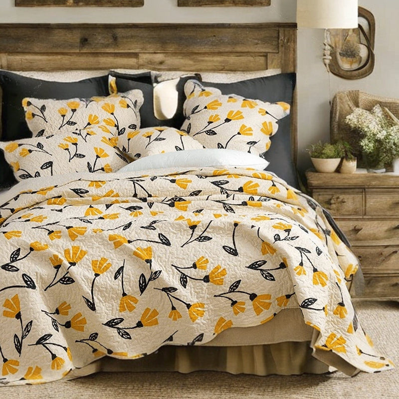 DaDa Bedding Yellow Fleur Floral Golden Orange Ivory Cream Scalloped Bedspread Set (18112) - DaDa Bedding Collection