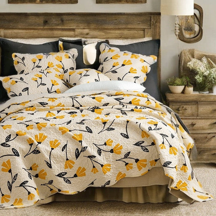DaDa Bedding Yellow Fleur Floral Golden Orange Ivory Cream Scalloped Bedspread Set (18112)