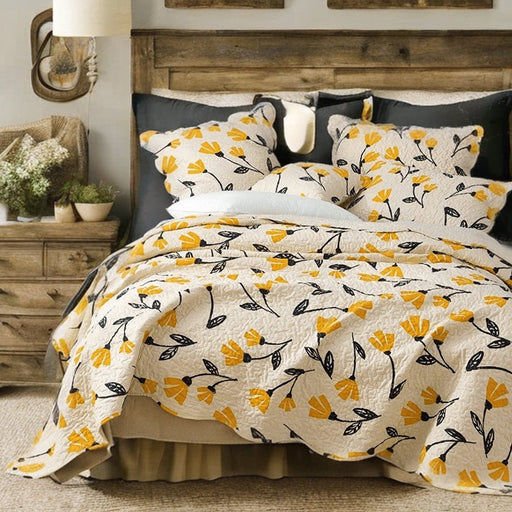DaDa Bedding Yellow Fleur Floral Golden Orange Ivory Cream Scalloped Bedspread Set (18112) - DaDa Bedding Collection