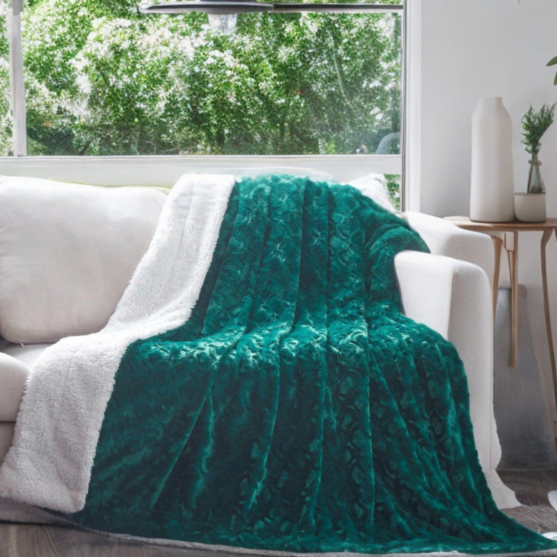 DaDa Bedding Mermaid Scales Emerald Green Blue w/ Sherpa Backside Faux Fur Throw Blanket (BL-171805) - DaDa Bedding Collection