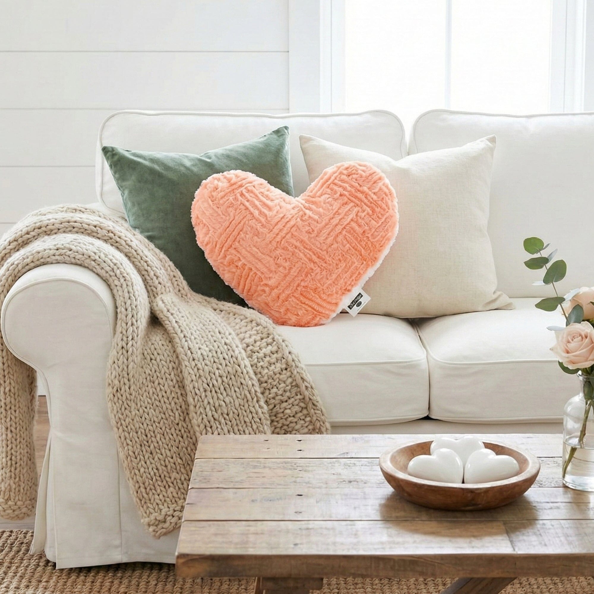 DaDa Bedding Heart Shaped Pillow Coral Peach Pink Faux Fur & Sherpa Soft Decorative Throw Pillow - 14x16 inches Coral Peach for Valentine's Day or Any Special Occasion