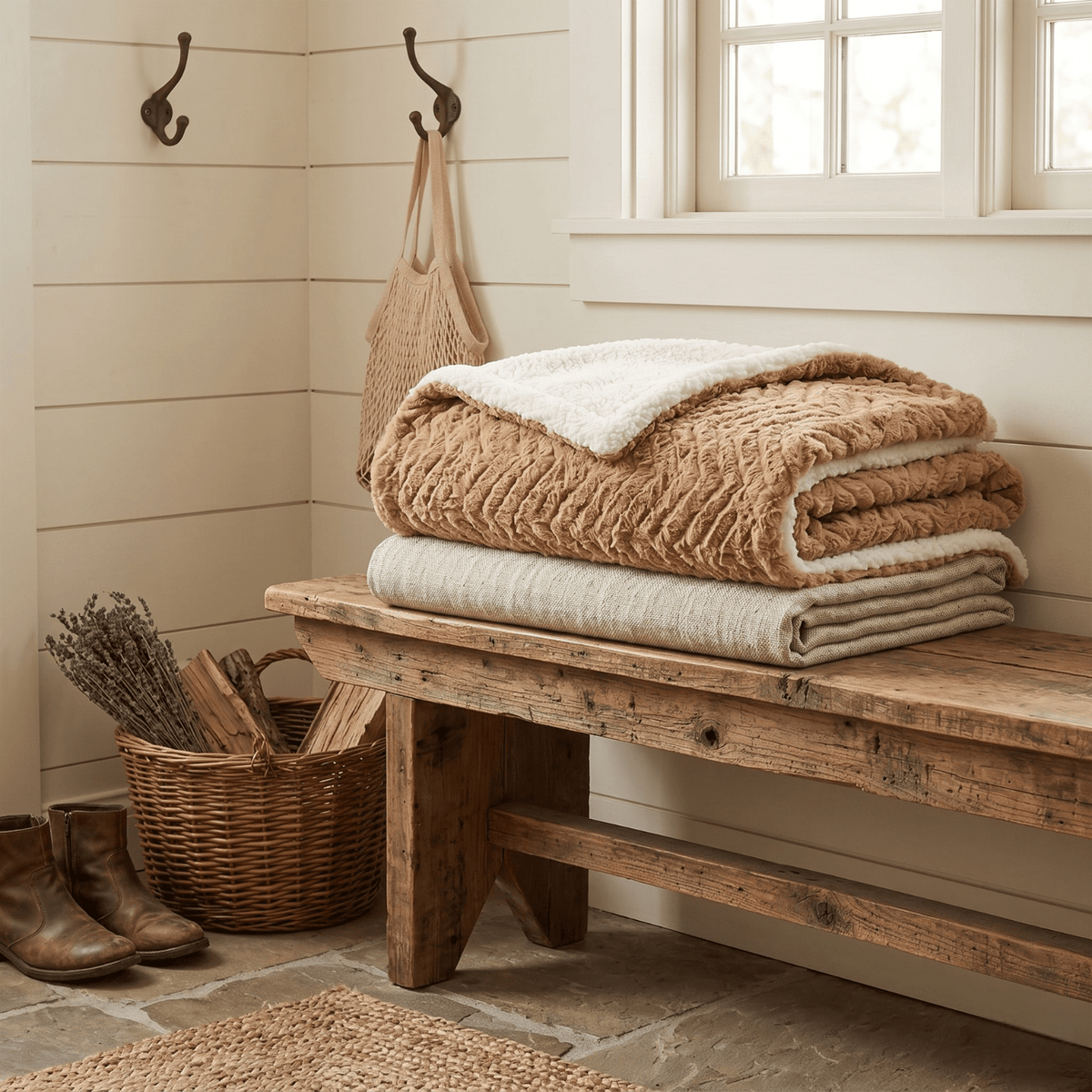 Oversized brown faux fur blanket for bed sofa and cabin decor