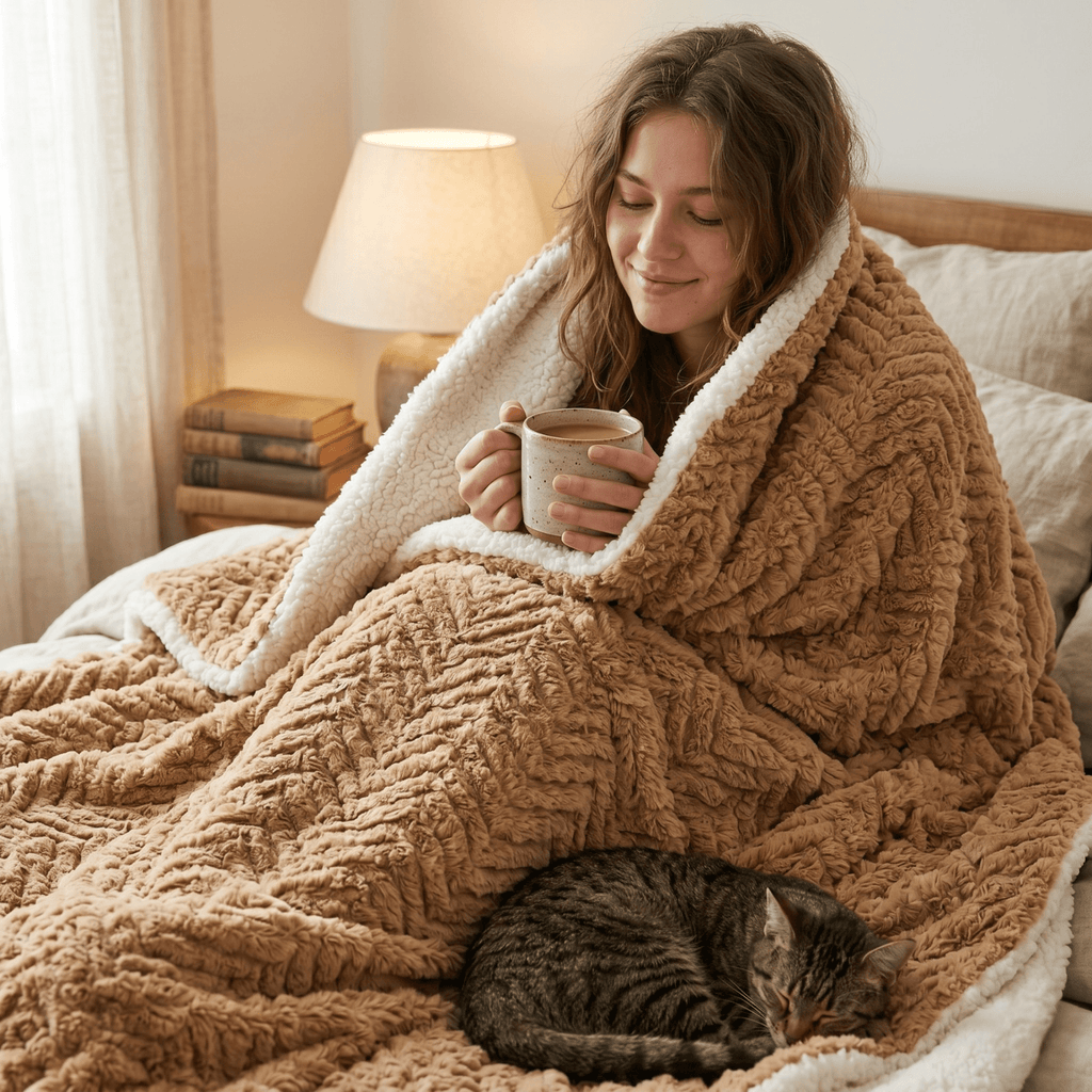 Soft chocolate brown throw blanket with warm faux fur texture