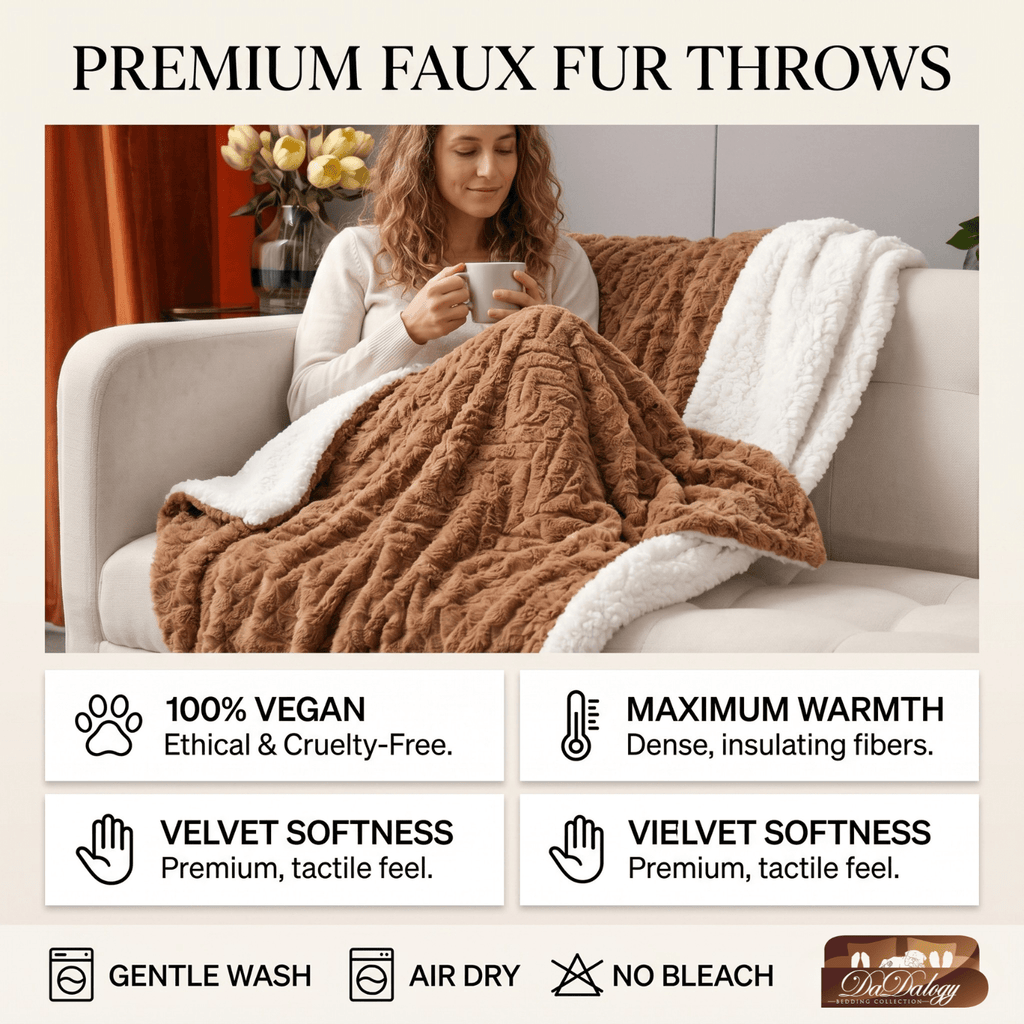 Plush brown faux fur blanket styled on sofa for rustic living room
