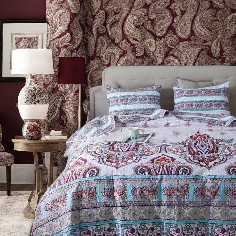 DaDa Bedding Bohemian Summertime White Blue Floral Paisley Bedspread Set (KSX-003) - DaDa Bedding Collection