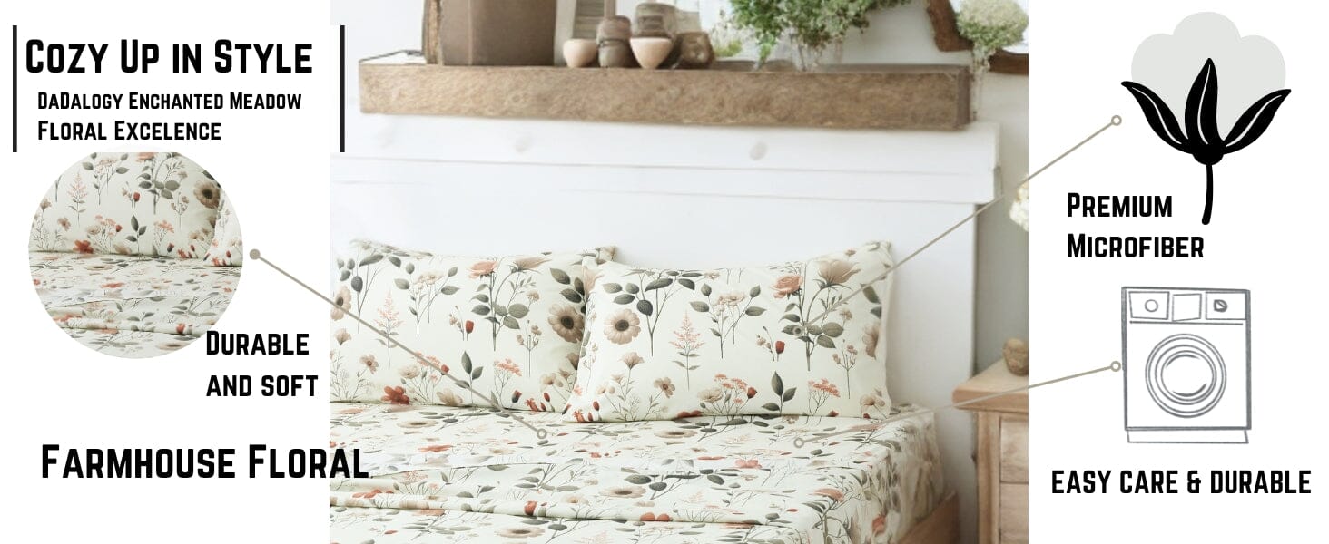 DaDalogy Enchanted Meadow Bed Sheet Set - Floral Harmony in Beige, Rose, and Soft Green, Premium Soft Microfiber, Machine Washable, Deep Pocket 14 - 15 Inches + Flat Sheet - DaDa Bedding Collection