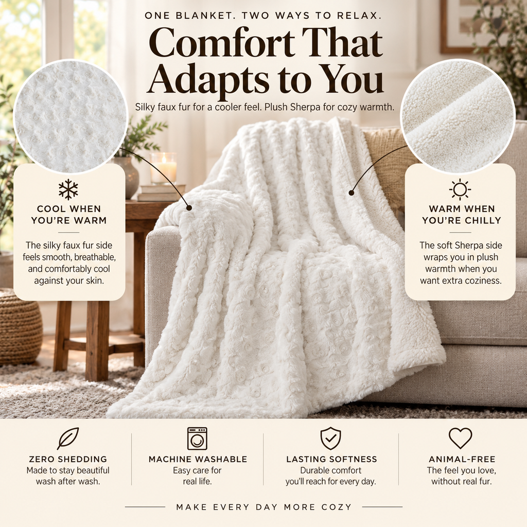 A cozy white sherpa blanket draped over a sofa in a living room setting, with text callouts explaining its two ways to relax: silky faux fur for cooler weather and plush sherpa for cozy warmth. The image includes feature badges at the bottom about zero shedding, machine washable, lasting softness, and animal-free qualities.