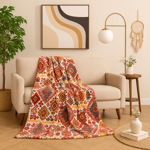 Decorative blanket on a chair in a living room with a plant, lamp, and wall art. aztec blanket