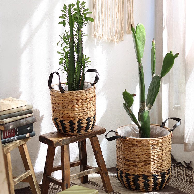 Two-Tone Basket Planter with Leather Handles (Shipping fees may apply)
