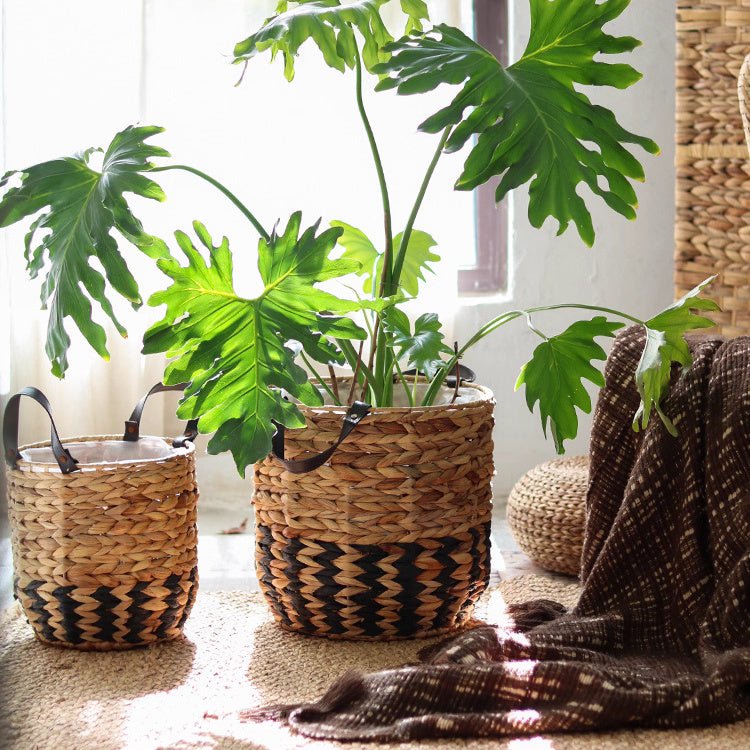 Two-Tone Basket Planter with Leather Handles (Shipping fees may apply)