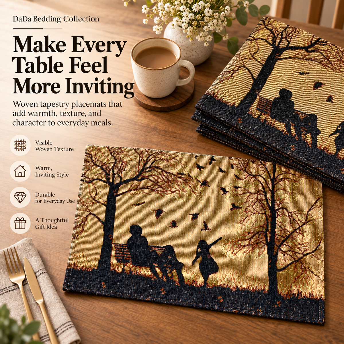 DaDalogy Bedding Set of 4 Pieces Autumn Birds Blessing Tapestry Dining Placemats 13” x 19” (Thanksgiving)