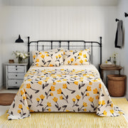 DaDa Bedding Yellow Fleur Golden Orange Floral Ivory Fitted & Flat Bed Sheets Set (18112) - DaDa Bedding Collection