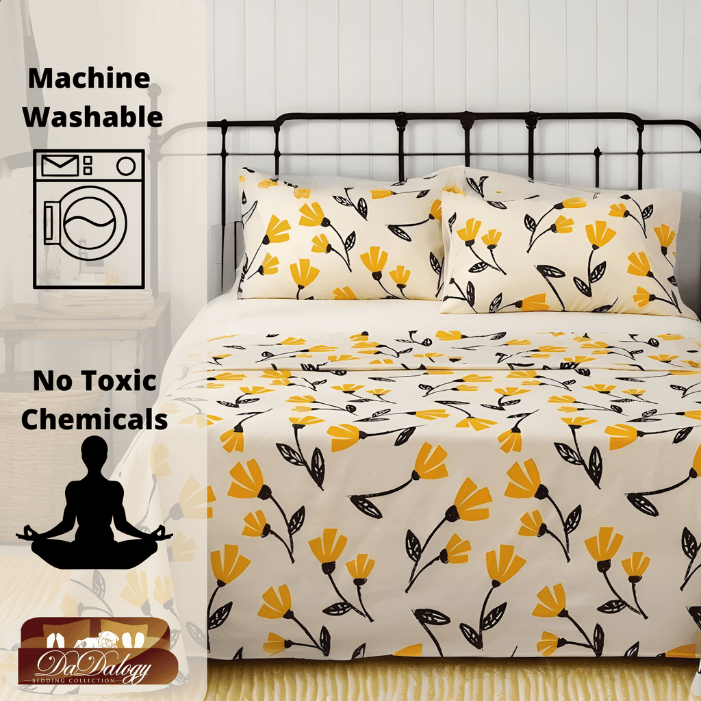 DaDa Bedding Yellow Fleur Golden Orange Floral Ivory Fitted & Flat Bed Sheets Set (18112) - DaDa Bedding Collection
