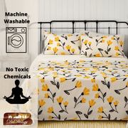 DaDa Bedding Yellow Fleur Golden Orange Floral Ivory Fitted & Flat Bed Sheets Set (18112) - DaDa Bedding Collection