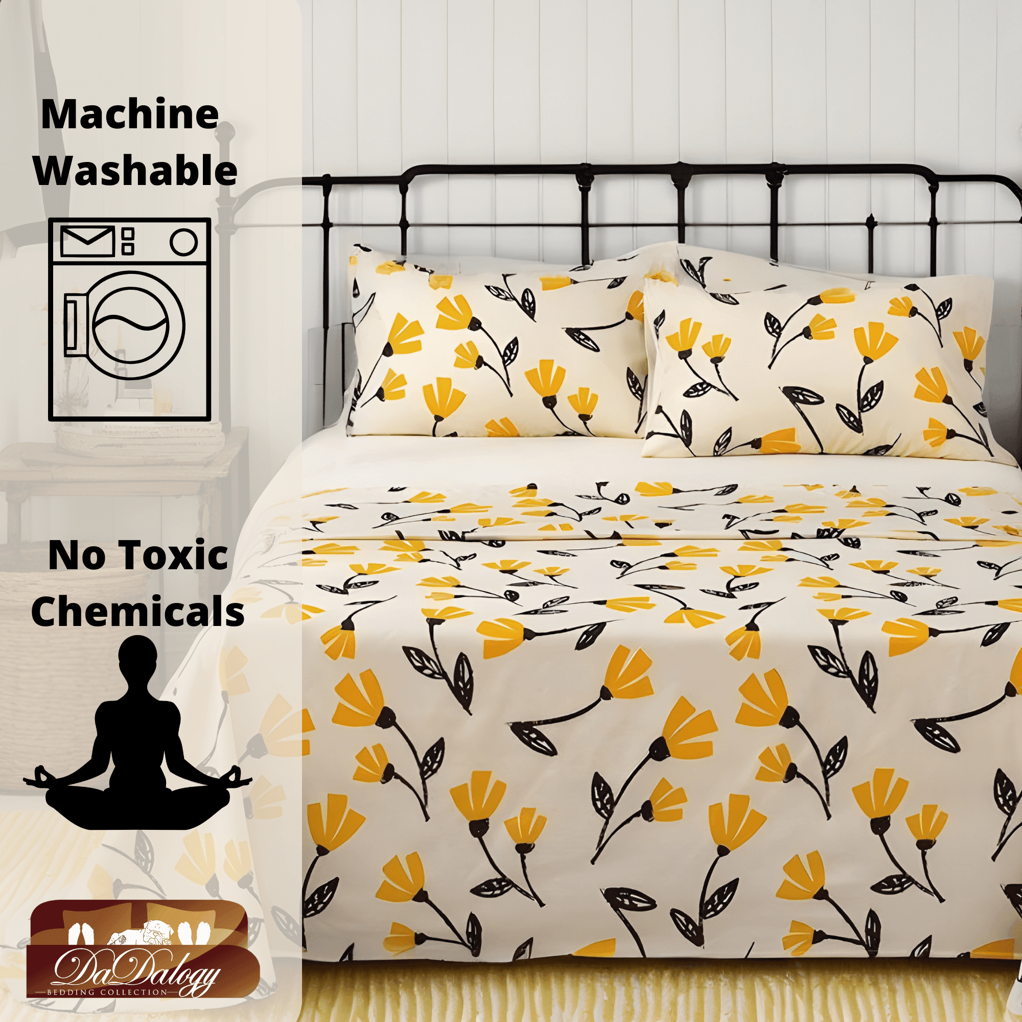 DaDa Bedding Yellow Fleur Golden Orange Floral Ivory Fitted & Flat Bed Sheets Set (18112) - DaDa Bedding Collection