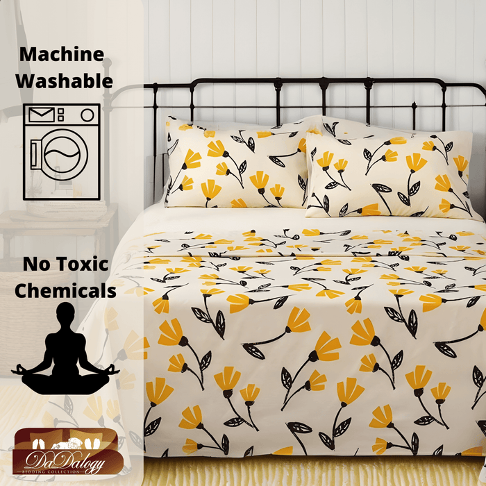 Bed Sheets - DaDa Bedding Yellow Fleur Golden Orange Floral Ivory Fitted & Flat Bed Sheets Set (18112)