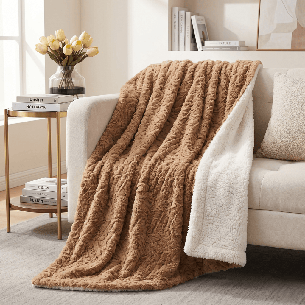Chocolate brown faux fur throw blanket for cozy couch and bedroom decor