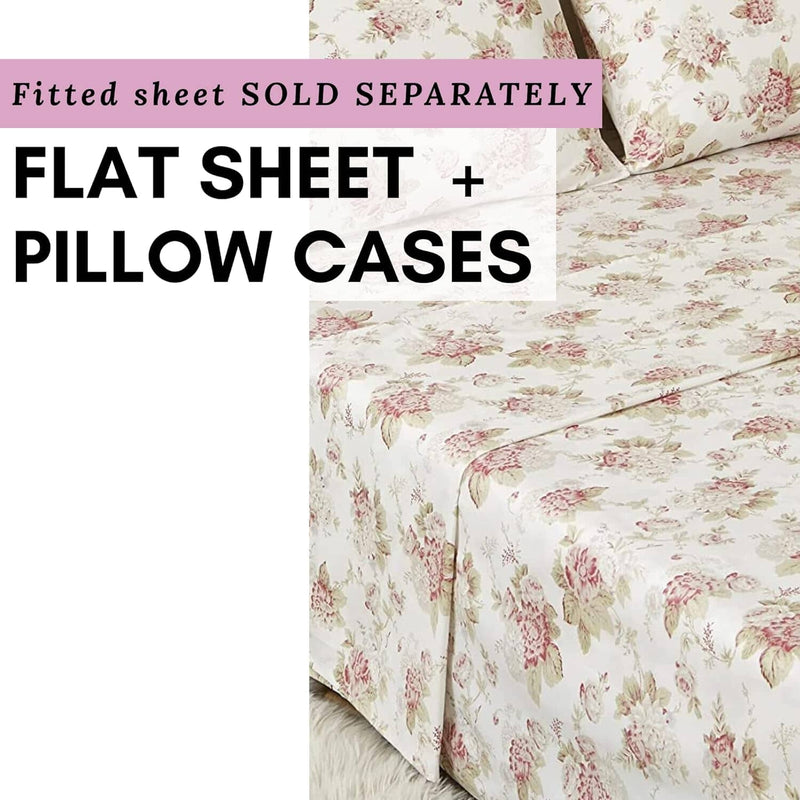 DaDa Bedding Hint of Mint Dainty Cottage Floral Roses Cotton Flat Sheet Only w/ Pillow Case (3036) - DaDa Bedding Collection