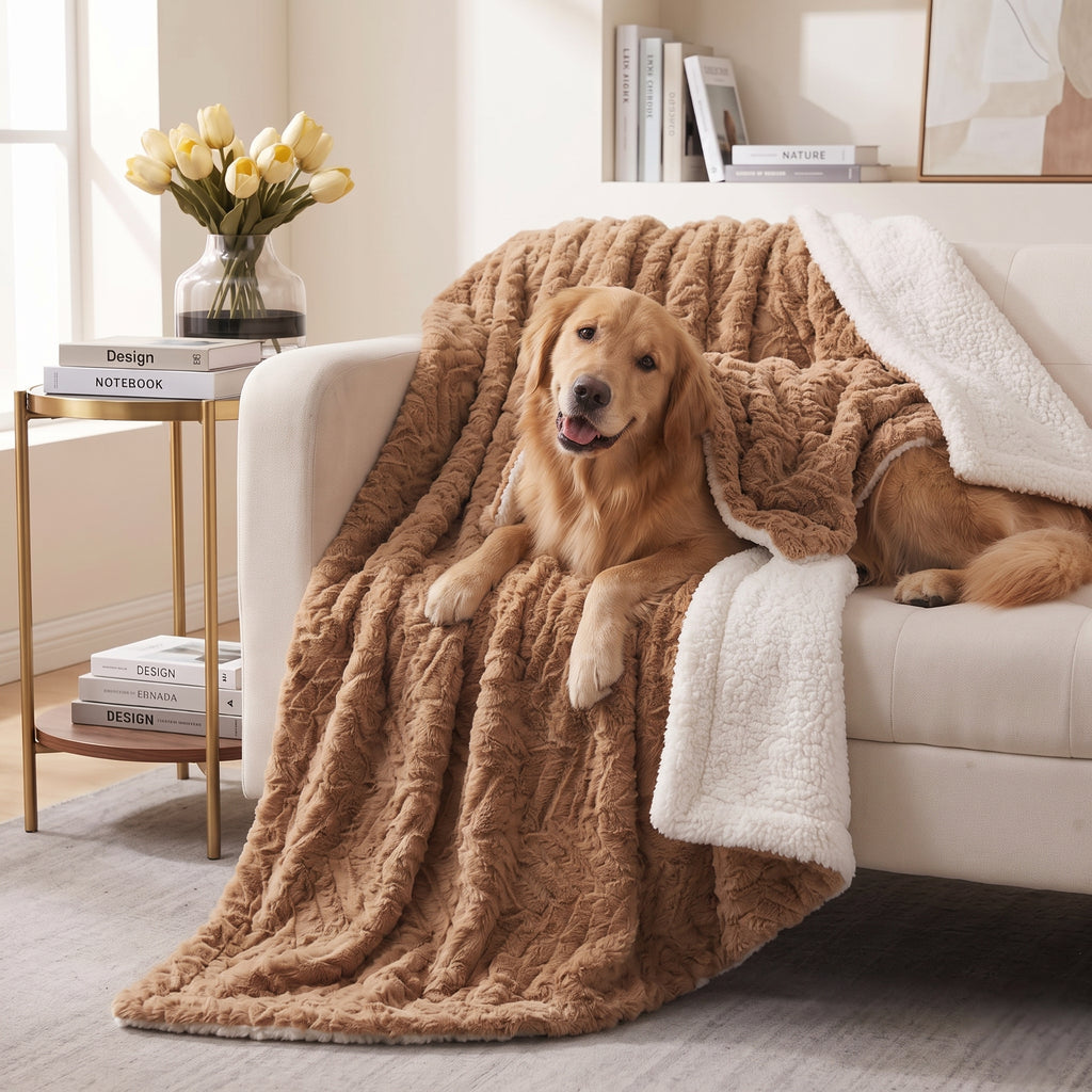 Golden retriever resting under a brown faux fur dog blanket with white sherpa backing