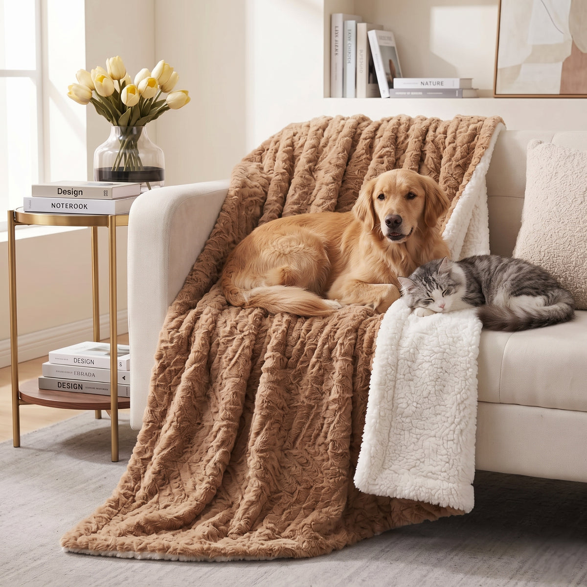 Dog and cat relaxing on a brown faux fur pet blanket with white sherpa reverse on a sofa