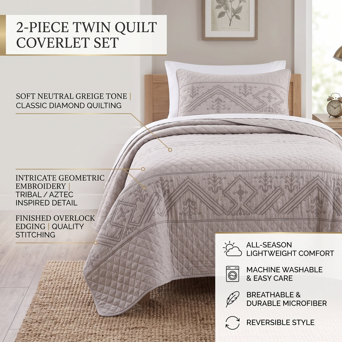 DaDa Bedding Whimsical Lavender Grey Cottage Soft Quilted Coverlet Bedspread Set - Twin (JHW866)